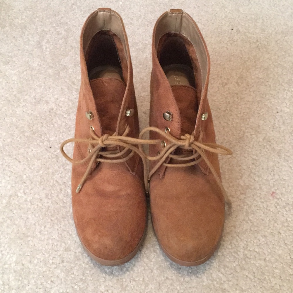 Faux suede camel wedge booties